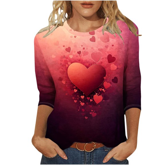mihongmao Valentine Day Tops for Women Valentine's Day Festival Leisure Print Round Neck Three Quarter Sleeve 3/4 Sleeve T-shirt Loose Multicolor M