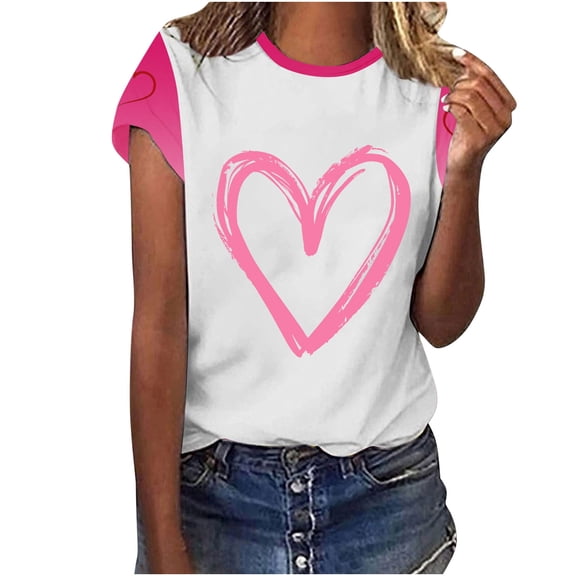 mihongmao Valentine Day Tops for Women Valentine's Day Printed Casual Printed Round Neck Pink XL