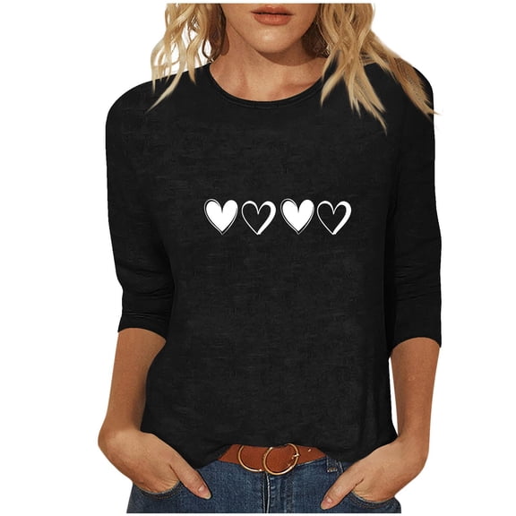 mihongmao Valentine Graphic T Shirts for Women Crew Neck Women's Valentine's Day Printed 3/4 Sleeve Fashionable Round Neck Black M