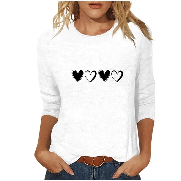 mihongmao Valentine Graphic T Shirts for Women Crew Neck Women's Valentine's Day Printed 3/4 Sleeve Fashionable Round Neck White S