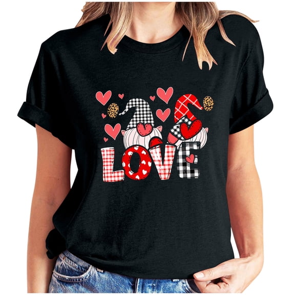 mihongmao Valentine Graphic T Shirts for Women Short-sleeved Crew-neck Pullover Casual Valentine's Day Black L