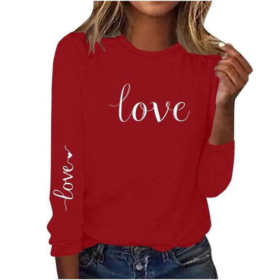 mihongmao Valentine Long Sleeve Tops for Women Long-Sleeved Round Neck Pullover Casual Printed Fashion Top T-Shirt Red 3X