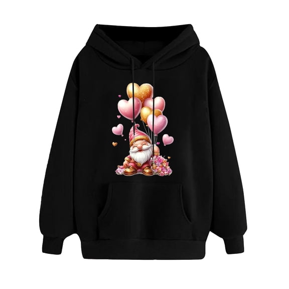 mihongmao Valentine Oversized Hoodies for Women Ladies' Valentine's Day Printed Long Sleeved Hooded Sweatshirt One Size Larger Black S