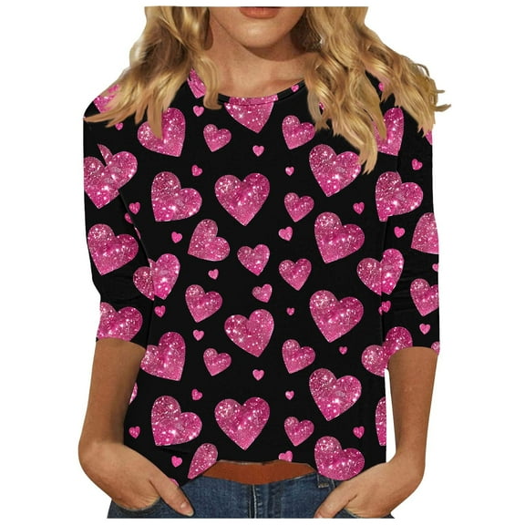 mihongmao Valentine Plus Size Tops for Women Ladies' Valentine's Day Printed Round Neck Pullover with Three Quarter Sleeves T-shirt Multicolor M