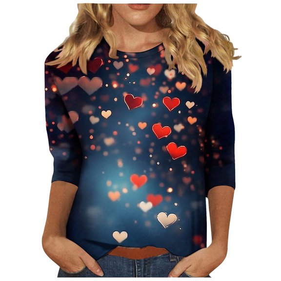 mihongmao Valentine Plus Size Tops for Women Round Neck Women's Fashion Printing Casual Round-Neck 3/4 Sleeve T-shirt Blouse Multicolor 3X