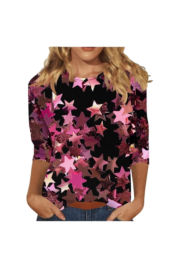 Valentine S Hearts Polyester Pull On Tops for Women Round Neck Women Valentine's Day Printed Casual Crew Neck 3/4 Sleeve Pink S