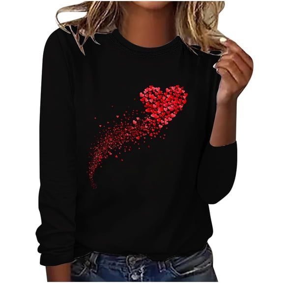 mihongmao Valentine S Hearts Polyester Pull On Tops for Women Valentine's Day Fashion Print Loose Comfortable Crew-neck Long Sleeve Black L