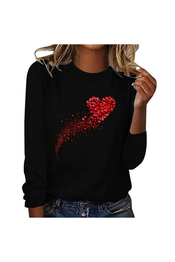 Valentine S Hearts Polyester Pull On Tops for Women Valentine's Day Fashion Print Loose Comfortable Crew-neck Long Sleeve Black S