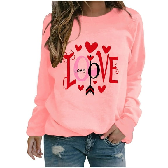 mihongmao Valentine S Hearts Polyester Pull On Tops for Women Round Neck Ladies' Casual Valentine's Day Printed Long Sleeved Round Neck Top/shirt Pink S