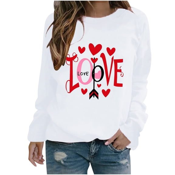 mihongmao Valentine S Hearts Polyester Pull On Tops for Women Round Neck Ladies' Casual Valentine's Day Printed Long Sleeved Round Neck Top/shirt White S
