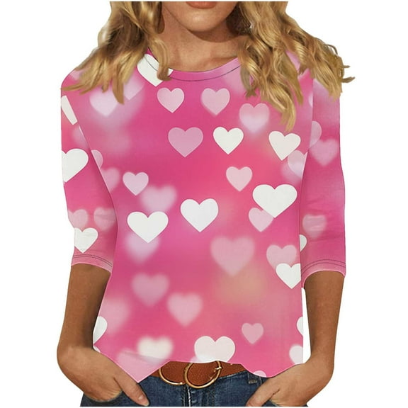 mihongmao Valentine Shirts for Women Long Sleeve Valentine's Day Women's Fashion Printed Round Neck Three Quarter Sleeve 3/4 Sleeve T-shirt Loose Multicolor L