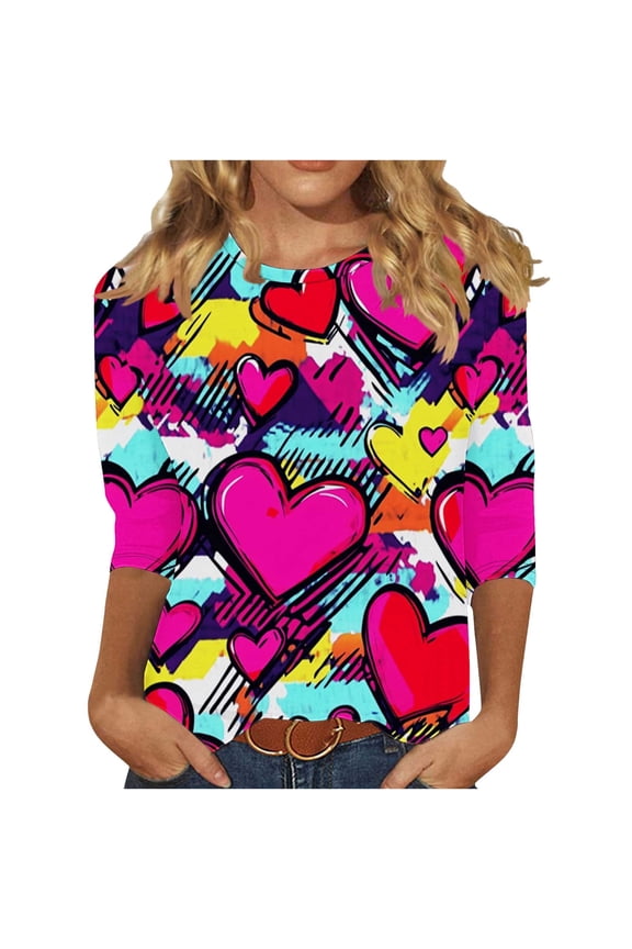 Valentine Shirts for Women Plus Size Ladies' Casual Day Printed Round Neck Three Quarter 3/4 Sleeve T-shirt Loose Top Quarter Round Neck Top/shirt Yellow 5X