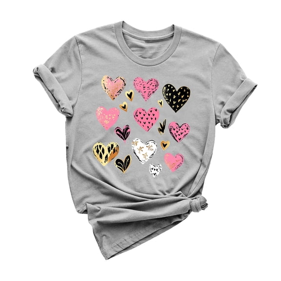 mihongmao Valentine Shirts for Women Casual Round Neck Short-sleeved Christmas Tree Printed T-shirt Gray L