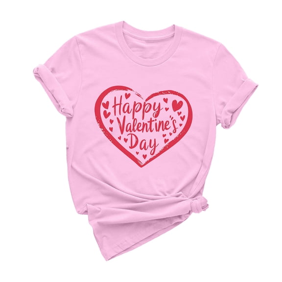 mihongmao Valentine Shirts for Women Casual Round Neck Short-sleeved Christmas Tree Printed T-shirt Pink 3X