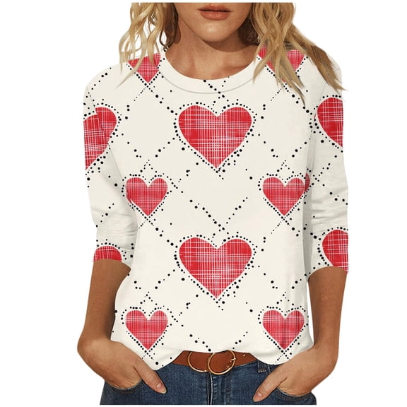mihongmao Valentine Shirts for Women Crew Neck Fashion Women's Printed Blouses Three-Quarter Sleeve T-Shirt Round-Neck Pink 3X
