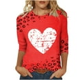 thumbnail image 1 of mihongmao Valentine Shirts for Women Ladies' Valentine's Day Printed Round Neck Three Quarter Sleeve 3/4 Sleeve T-shirt Loose Wine 2X, 1 of 6