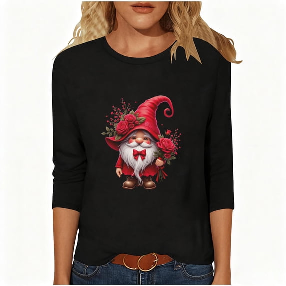 mihongmao Valentine Shirts for Women Loose Women's Printed Quarter Sleeved T-shirt Top Long Sleeved Round Neck Top/shirt Black S