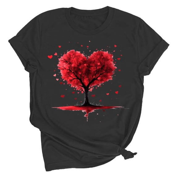mihongmao Valentine Shirts for Women Lover Printed T-shirt Round Neck Short Sleeved Black L
