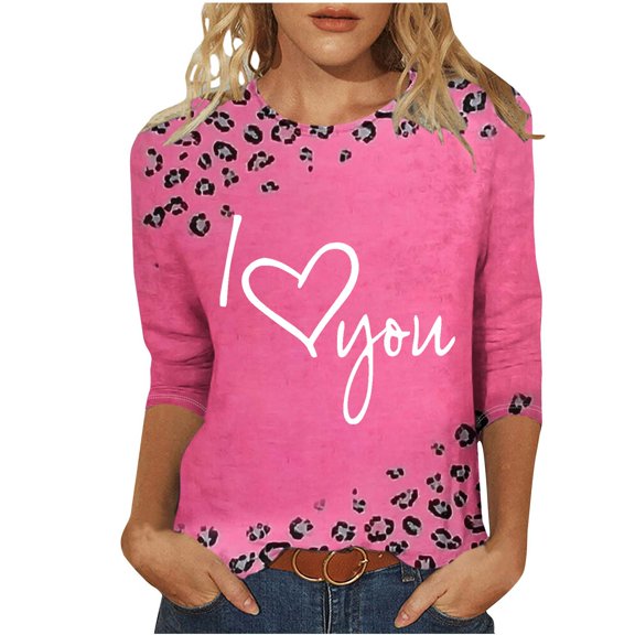 mihongmao Valentine Shirts for Women Plus Size Ladies' Valentine's Day Printed Round Neck Three Quarter Sleeve 3/4 Sleeve T-shirt Loose Pink 5X