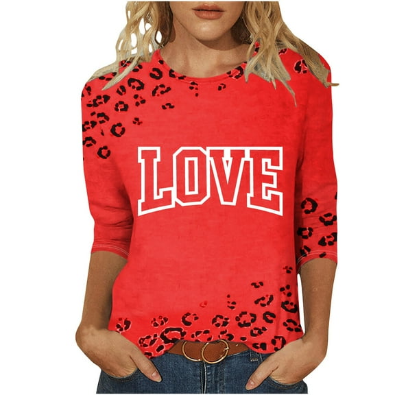 mihongmao Valentine Shirts for Women Plus Size Ladies' Valentine's Day Printed Round Neck Three Quarter Sleeve 3/4 Sleeve T-shirt Loose Wine 3X