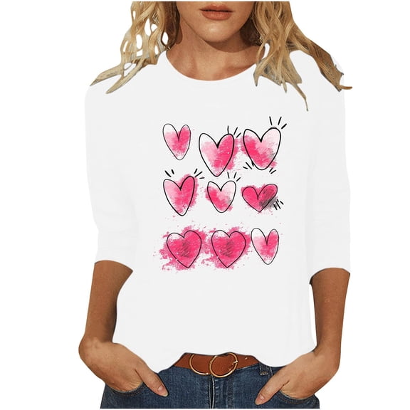 mihongmao Valentine Shirts for Women Plus Size Round Neck Women Fashion Valentine's Day Printed T-shirt 3/4 Sleeves Blouse Round Neck Casual White 2X