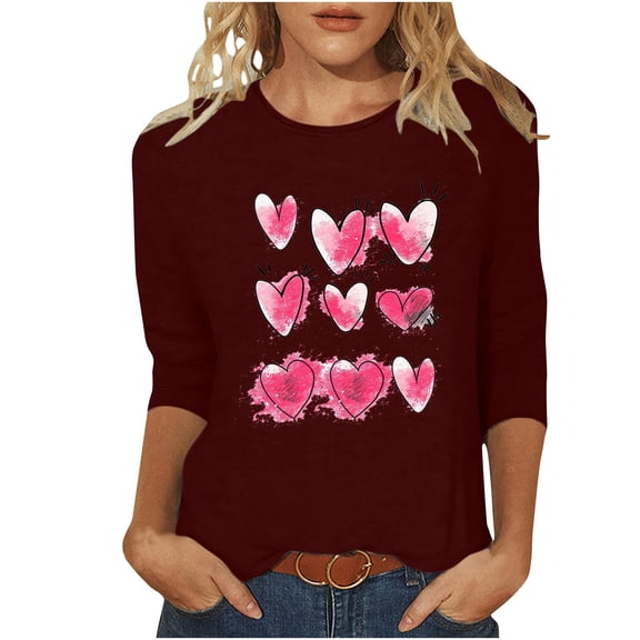 mihongmao Valentine Shirts for Women Plus Size Round Neck Women Fashion Valentine's Day Printed T-shirt 3/4 Sleeves Blouse Round Neck Casual Wine S