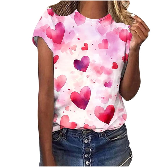 mihongmao Valentine Shirts for Women Plus Size Women Valentine's Day Printed Casual Printed Round Neck Multicolor 5X