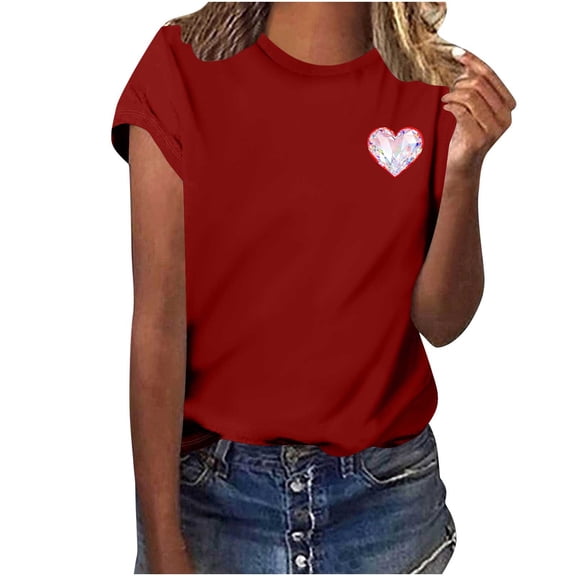 mihongmao Valentine Shirts for Women Plus Size Women's Round-neck Heart-shaped Printed Short-sleeved Casual Loose Top Red S