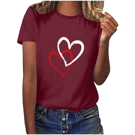 mihongmao Valentine Shirts for Women Short Sleeve Valentine's Day Fashion Crewneck Printing Short Sleeve T-Shirt Casual Loose Shirt for Women Wine 2X