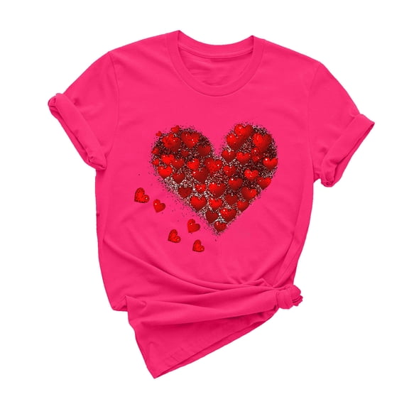 mihongmao Valentine Shirts for Women Silk Women Casual Round Neck Short-sleeved Christmas Tree Printed T-shirt Hot Pink 2X