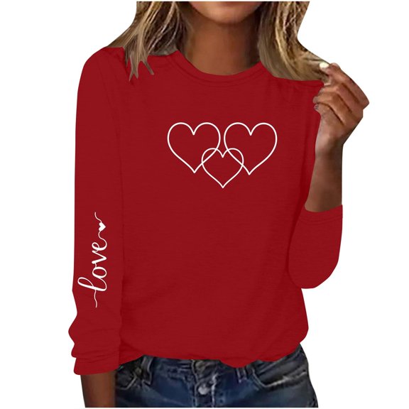 mihongmao Valentine Sweatshirt Crewneck for Women Long-Sleeved Round Neck Pullover Casual Printed Fashion Top T-Shirt Red 2X