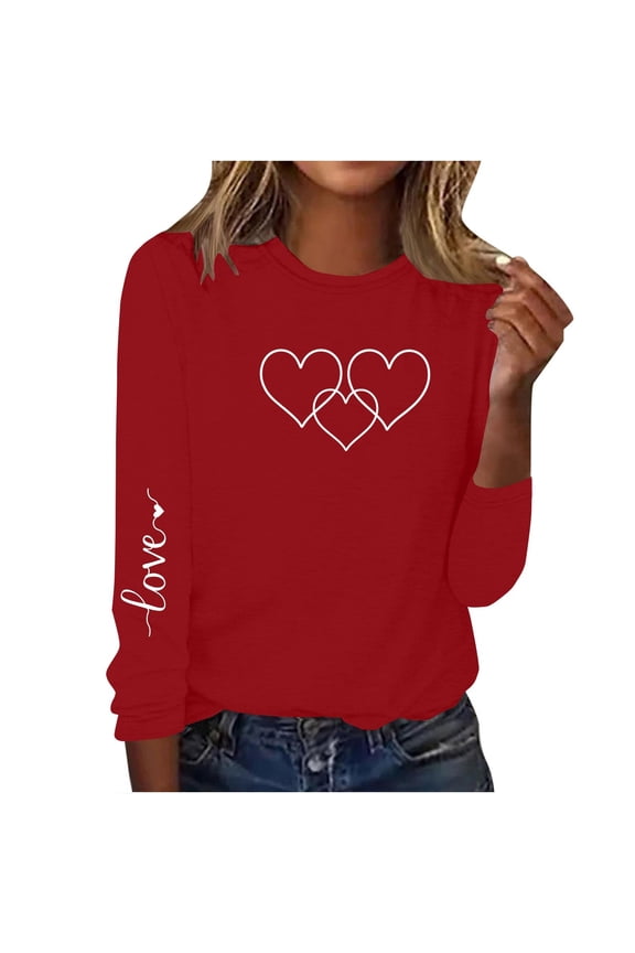 Valentine Sweatshirt Crewneck for Women Long-Sleeved Round Neck Pullover Casual Printed Fashion Top T-Shirt Red 2X