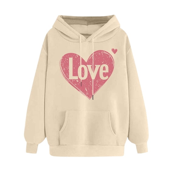 mihongmao Valentine Sweatshirt Crewneck for Women's Printed Off Shoulder Sleeves Long Sleeved Hooded Sweatshirt Khaki S