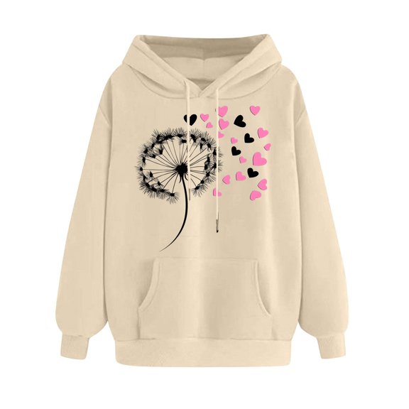 mihongmao Valentine Sweatshirt for Women Heart Pattern Long Sleeve Women's Printed Off Shoulder Sleeves Long Sleeved Hooded Sweatshirt Khaki S