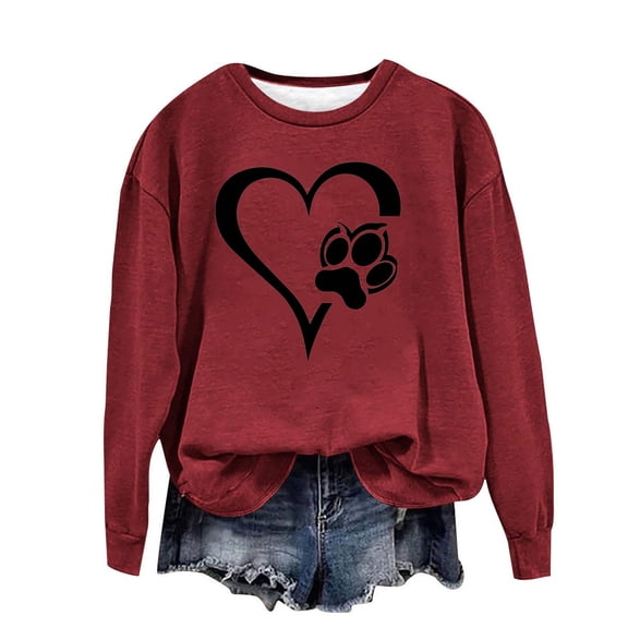 mihongmao Valentine Sweatshirt for Women Heart Pattern Long Sleeve Women's Round Neck St. Patrick's Day Printed Long Sleeved Top Sweatshirts Wine S