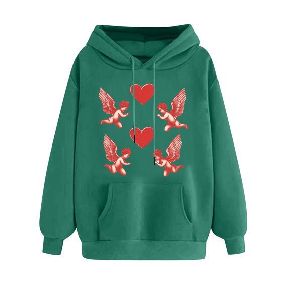 mihongmao Valentine Sweatshirts for Women Ladies' Valentine's Day Printed Long Sleeved Hooded Sweatshirt One Size Larger Army Green S