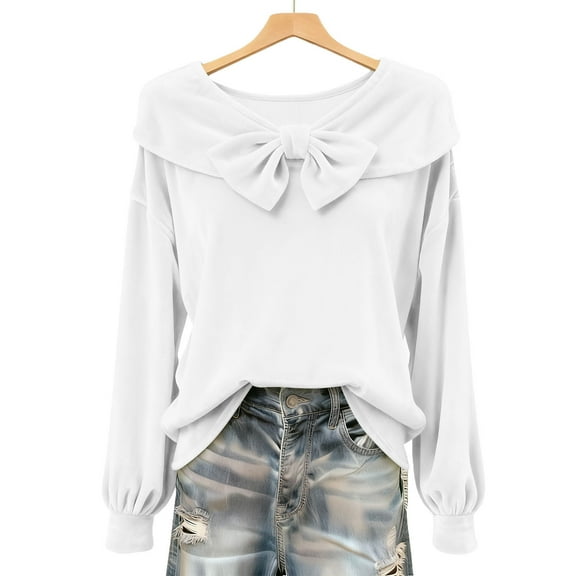 mihongmao Valentine T Shirt for Women Appointment Solid Sweet Gold Satin Ribbon Long Sleeve Tops White S