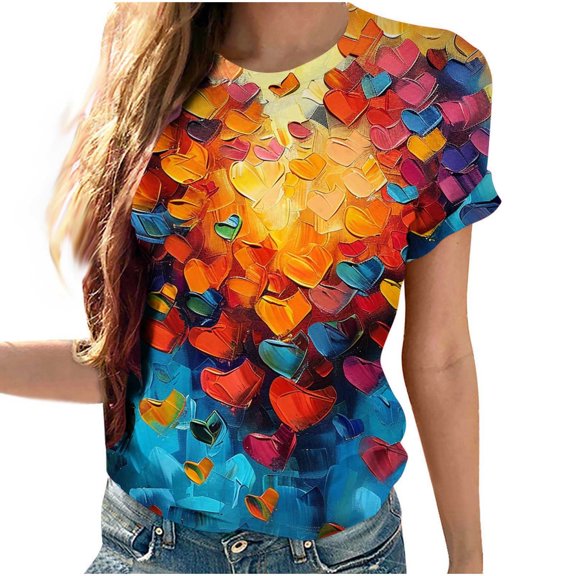 mihongmao Valentine T Shirt for Women Ladies Valentine's Day Printed Short Sleeved Round Neck Top/shirt Multicolor 3X