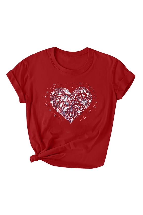Valentine T Shirt for Women Lover Printed T-shirt Round Neck Short Sleeved Wine 2X