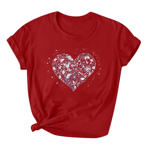 mihongmao Valentine T Shirt for Women Lover Printed T-shirt Round Neck Short Sleeved Wine 3X