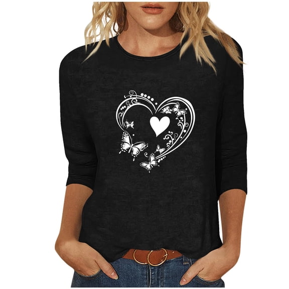 mihongmao Valentine T Shirt for Women Round Neck Women's Valentine's Day Printed 3/4 Sleeve Fashionable Round Neck Black 3X
