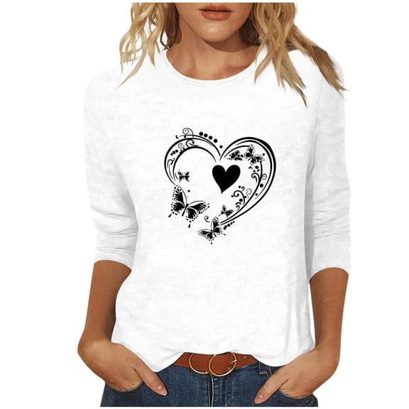 mihongmao Valentine T Shirt for Women Round Neck Women's Valentine's Day Printed 3/4 Sleeve Fashionable Round Neck White 4X