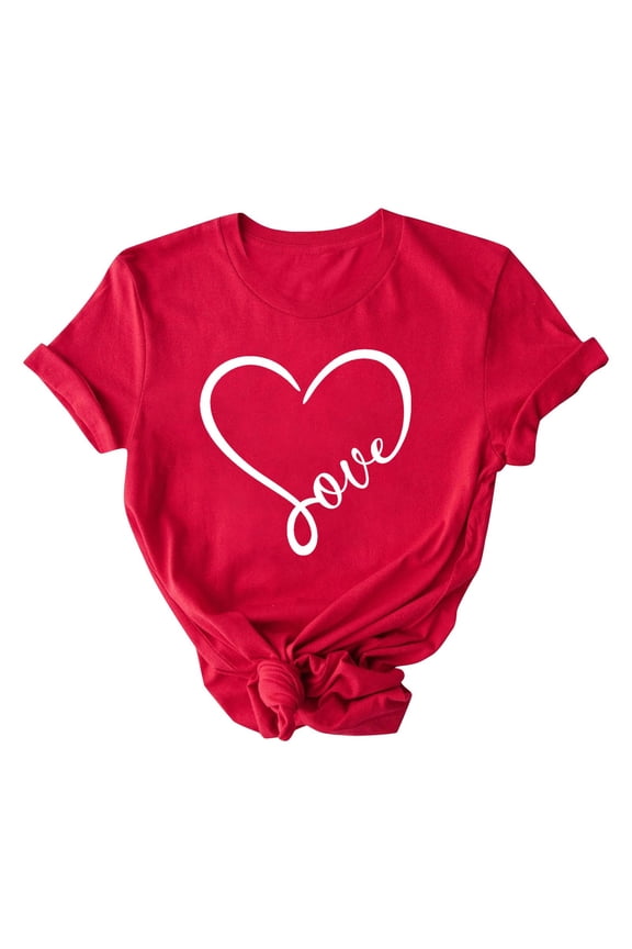 Valentine Tee Shirts for Women Lover Printed T-shirt Round Neck Short Sleeved Top Red 2X