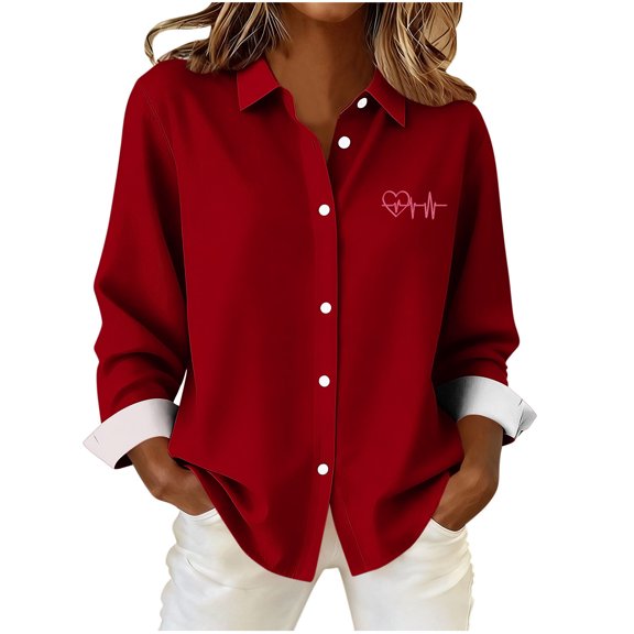 mihongmao Valentine Tops Button Down Shirt Long Sleeve Women's Day Print Button-Down Shirt with Collar and Cuff Details Red 2X
