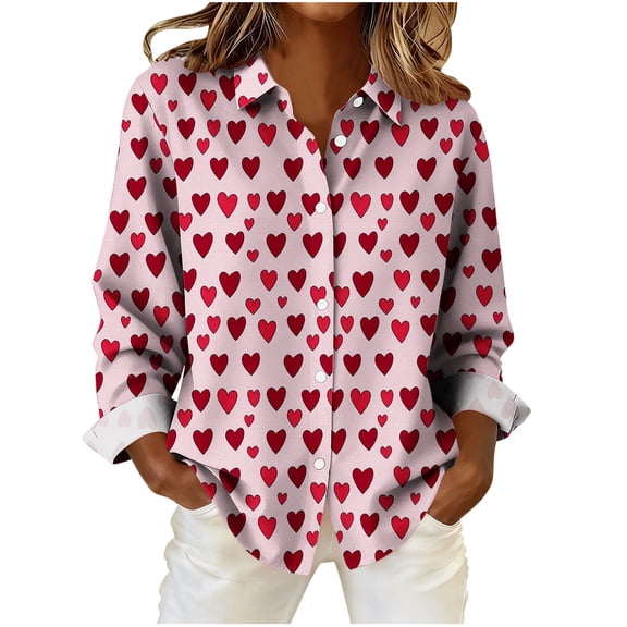 mihongmao Valentine Tops Button Down Shirt Long Sleeve Women's Day Print Button-Down Shirt with Collar and Cuff Details Red S