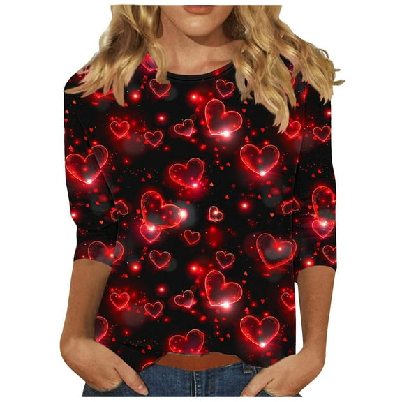 mihongmao Valentine Tops Ladies' Valentine's Day Printed Round Neck Pullover with Three Quarter Sleeves T-shirt Red L