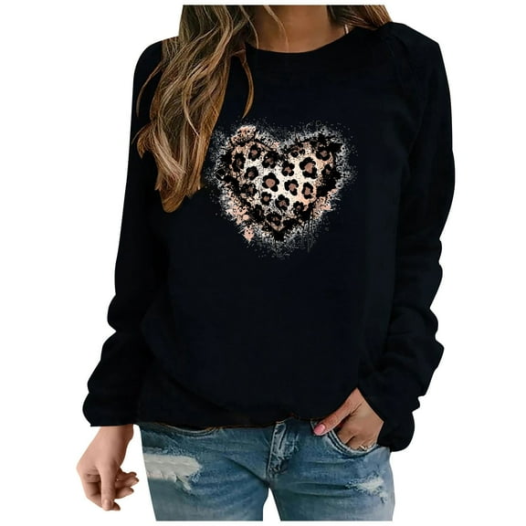 mihongmao Valentine Tops for Women Long Sleeve Crewneck Ladies' Casual Valentine's Day Printed Long Sleeved Round Neck Top/shirt Black S