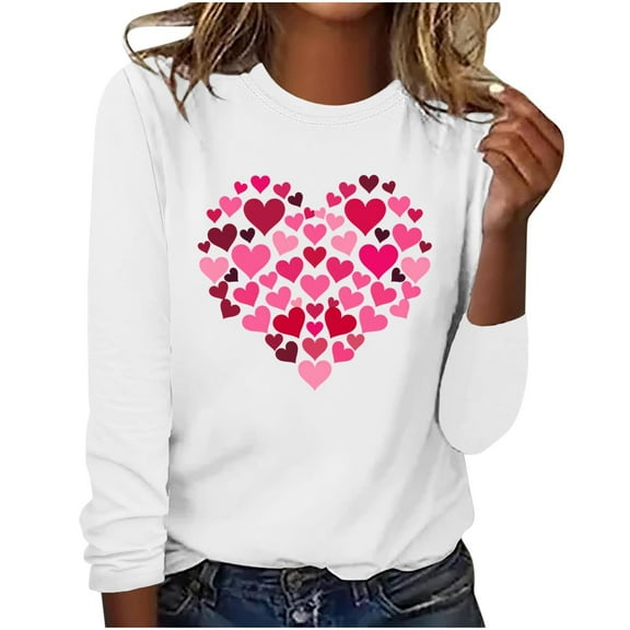 mihongmao Valentine Tops for Women Valentine's Day Fashion Print Loose Comfortable Crew-neck Long Sleeve White 3X