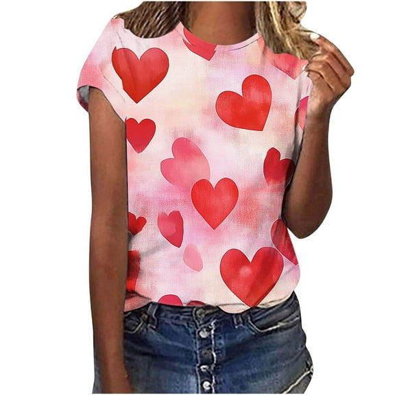 mihongmao Valentine Tops for Women Valentine's Day Printed Casual Printed Round Neck Multicolor 4X
