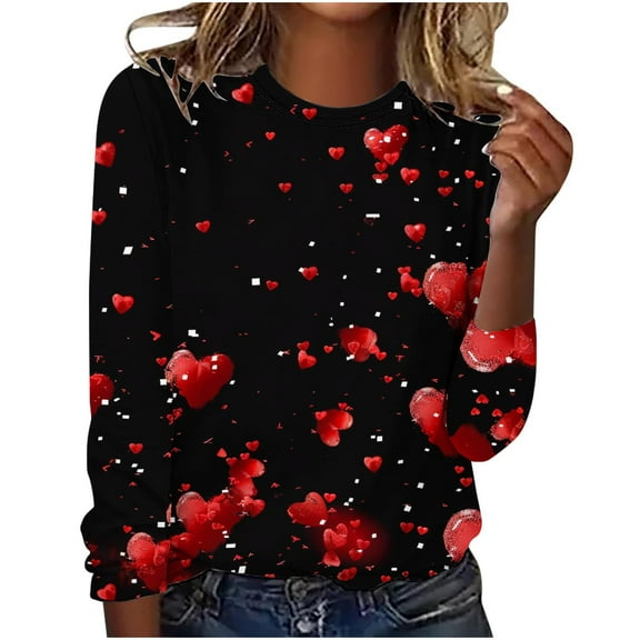 mihongmao Valentine Tshirt for Women Valentine's Day Fashion Print Loose Comfortable Crew-neck Long Sleeve Black S